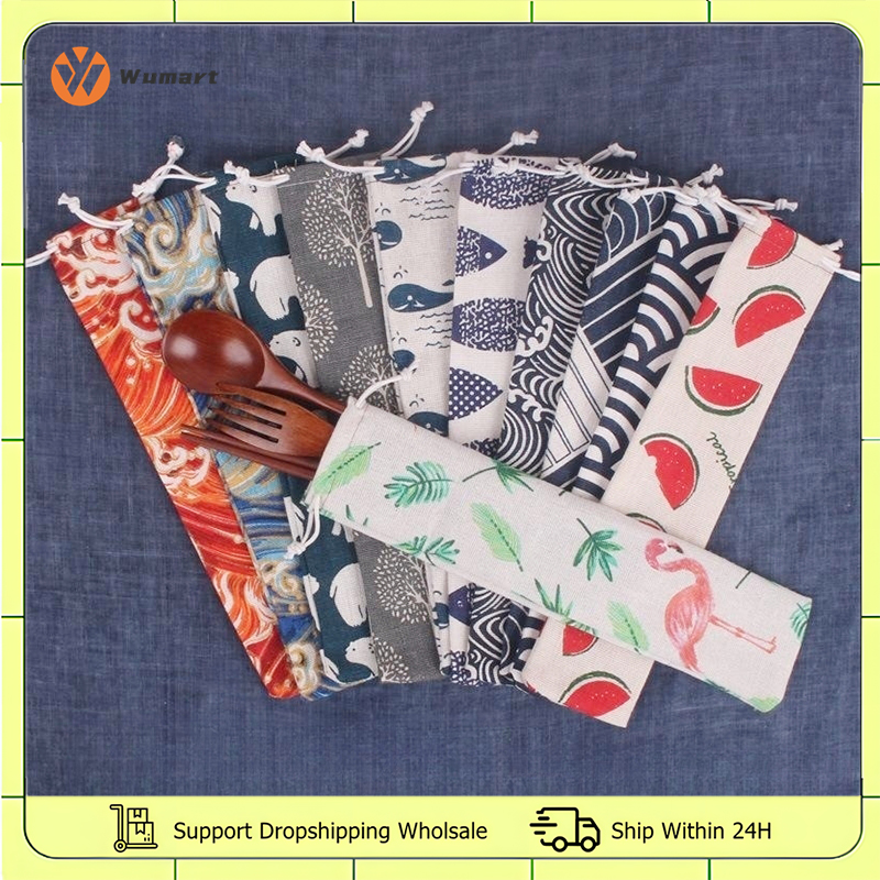 Bamboo Cutlery Travel - Portable Cutlery Bag Reusable Travel Drawstring